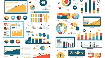 Colorful data visualization charts and graphs on computer screens.