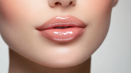 Obraz premium Minimalist beauty portrait of woman with glossy lip texture in soft light, on solid white background, single object