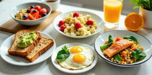 A nutritious and delicious breakfast featuring eggs, whole-grain toast with avocado, fresh fruit salad, couscous with salmon, and a refreshing juice.