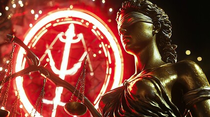 Nemesis statue adorned with golden scales against vibrant holographic backdrop