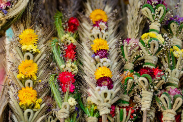 Traditional Lithuanian Easter palms known as verbos sold on Kaziukas, Easter market in Vilnius. Lithuanian capital's annual traditional fair is held every March on Old Town streets.