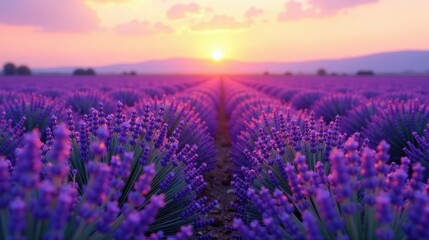 Fototapeta premium Serene Sunset Over Rows of Vibrant Lavender Blossoms in a Picturesque Field