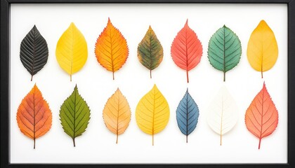 Obraz premium A vibrant collection of various leaves displayed in a framed arrangement, showcasing autumn colors and textures