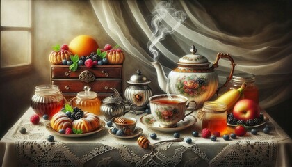 Naklejka premium An inviting arrangement of tea and pastries served with delicate fine china over lace tablecloth.