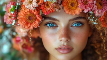 Naklejka premium Portrait of a woman with a vibrant floral headpiece