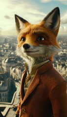 Obraz premium A sophisticated fox in a tailored jacket overlooks a sprawling cityscape. A charming image perfect for animation, film, or illustration.