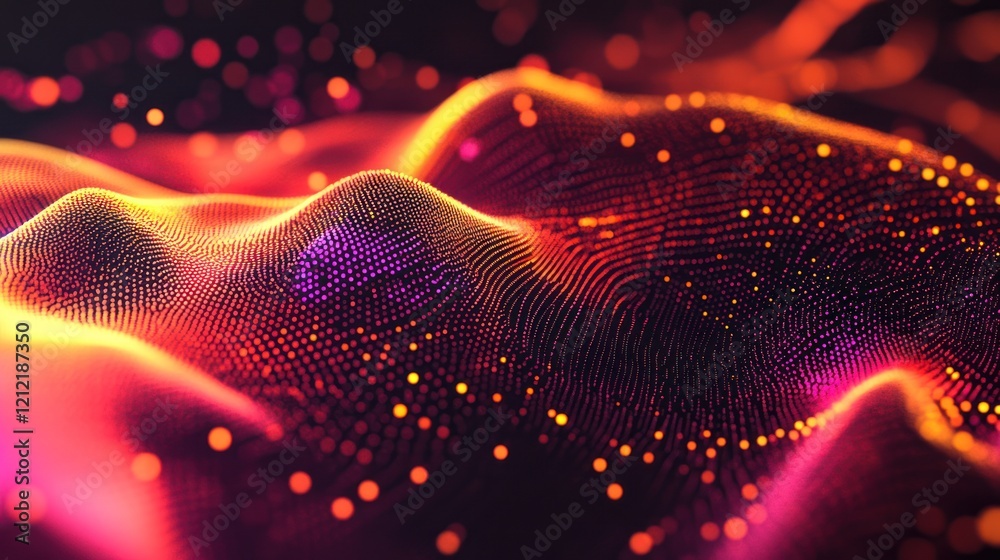 Poster moving dot patterns forming abstract health network visualizations with futuristic appeal.