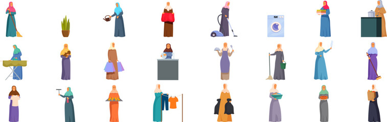 Muslim housewife icons set. Set of muslim women performing various household chores and other activities, representing their diverse roles