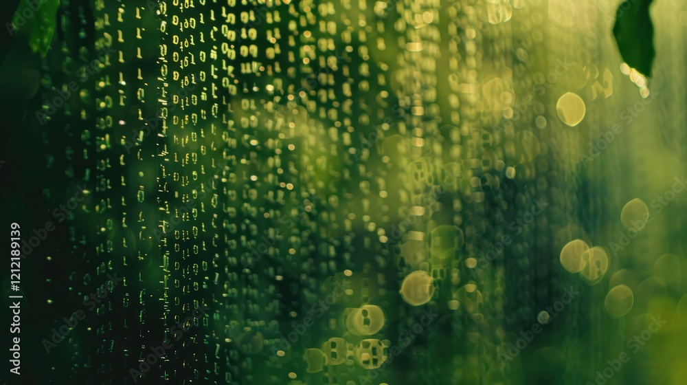 Wall mural photograph of binary code data bit on green screen telephoto lens summer daylight cool color