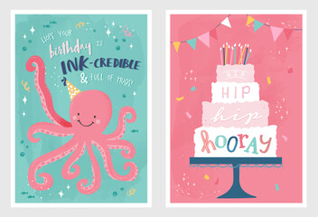 Set of birthday postcards with an Octopus, cake, confetti and hand writing. Invitations, happy birthday. Vector templates great for card, poster, flyer or banner