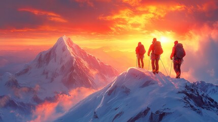 Adventurers standing on a snowy peak at sunset, overlooking a breathtaking mountain landscape