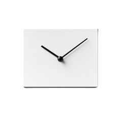 A rectangular clock with a minimalistic design and plain hands, floating on white.