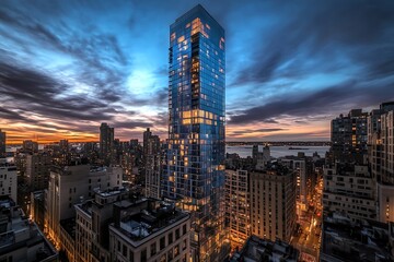Fototapeta premium A modern skyscraper illuminated against a dramatic sunset in the city