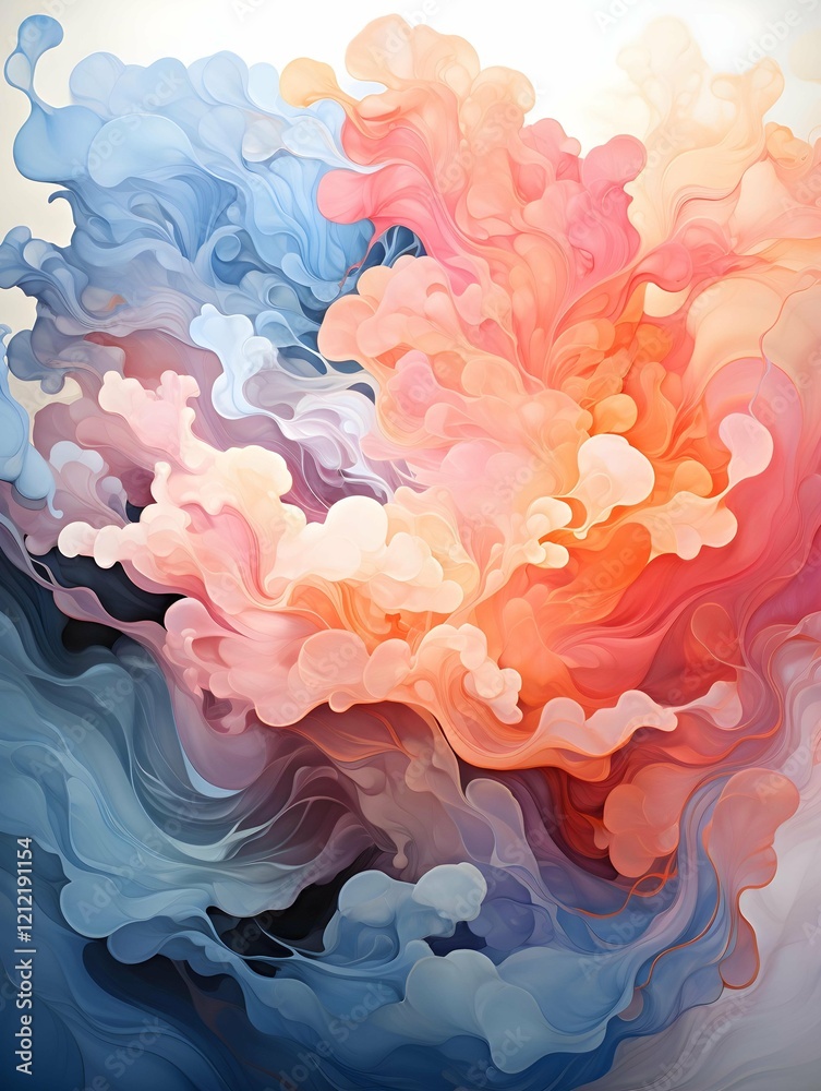 Poster an abstract artwork featuring a mesmerizing blend of flowing pink, red, and blue hues, creating a dy