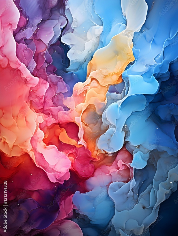 Poster an abstract artwork featuring a mesmerizing blend of flowing pink, red, and blue hues, creating a dy