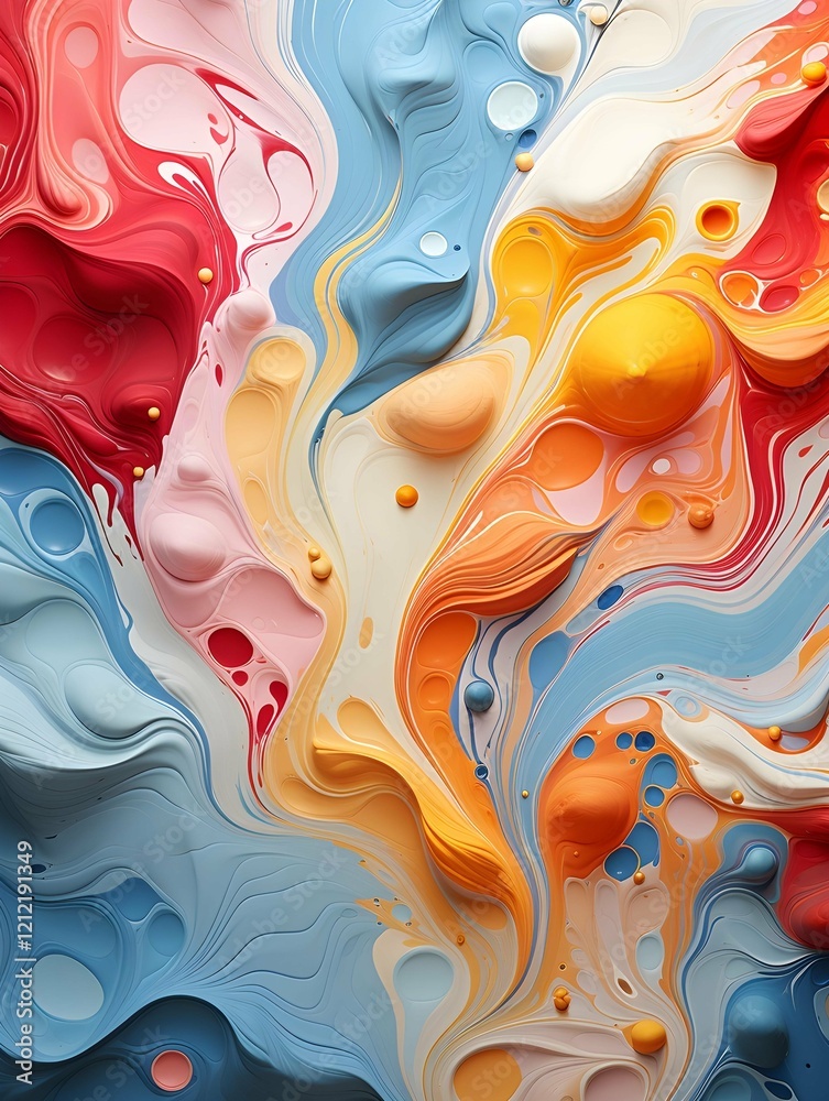 Poster an abstract artwork featuring a mesmerizing blend of flowing pink, red, and blue hues, creating a dy