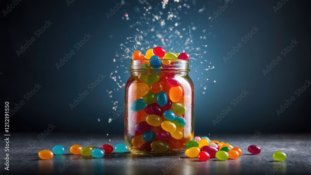 Wall mural A jar filled with colorful jelly beans, with some spilling out and sparkles in the air.