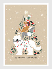Lovely hand drawn christmas card with cute stacked dogs, great for christmas cards - vector design