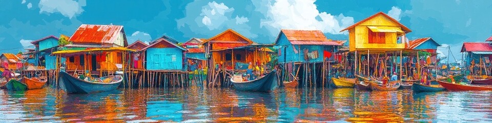Obraz premium Vibrant floating village on Tonle Sap Lake, stilt houses and boats reflect local culture and life in Cambodia, low poly design