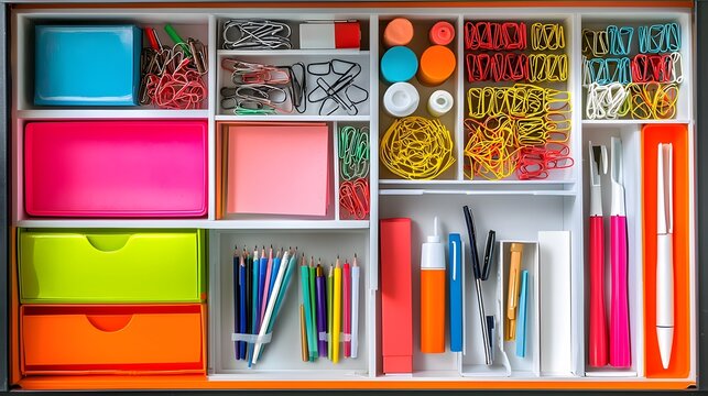 Colorful office supplies organized in a drawer