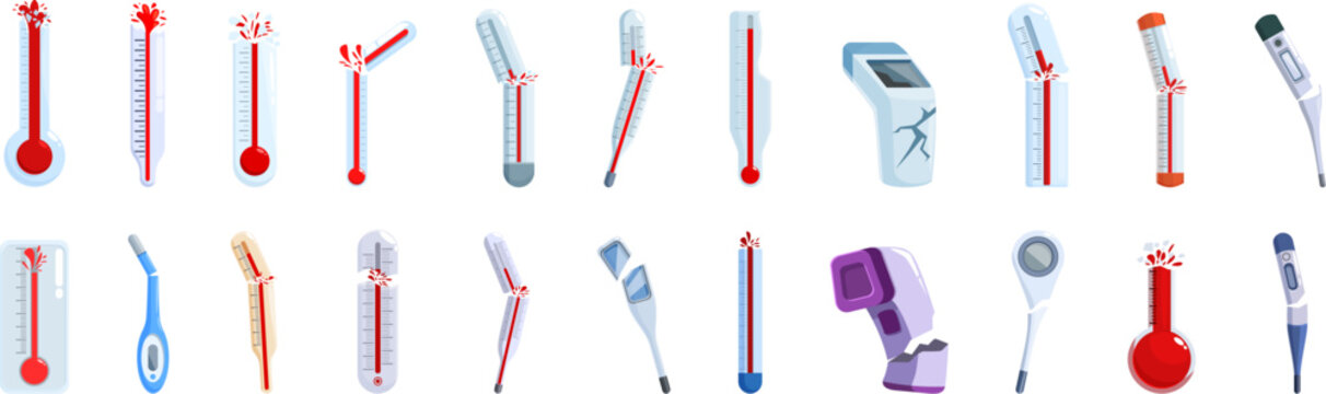 Broken thermometer icons set. Cartoon set of thermometers measuring high fever and broken thermometers icons for web design isolated on white background
