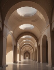 Fototapeta premium Sunlight gently filters through stunning arches, illuminating a serene corridor adorned with soft hues. The harmonious design invites contemplation and exploration