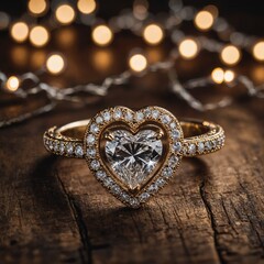 Fototapeta premium A diamond-studded ring on a rustic wooden table surrounded by heart-shaped fairy lights.