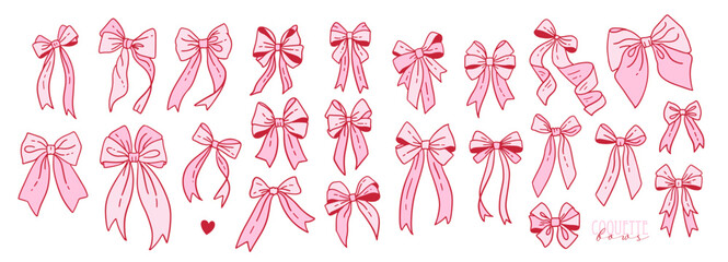 Big set with Coquette pink Gingham bows in vintage feminine Aesthetics. Vector contour hand drawn illustration. Valentine's day romantic elements.