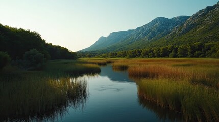 Obraz premium Calm river flows through tranquil mountain valley wetlands at sunset; nature background.