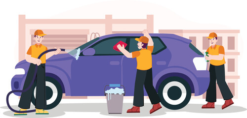 Car Wash Illustration Purple Car Cleaning Process Team at Work Highlights the cleaning process for a purple car with a professional team.
