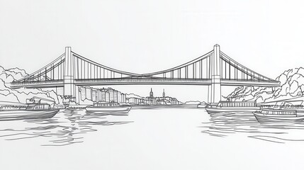 Fototapeta premium Continuous line drawing of a bridge spanning a river, boats drifting beneath, low poly design, minimalist elegance, serene landscape