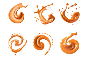 Obraz premium Caramel splash, sweet liquid candy swirl and wave, splashing with droplets. 3d Melted toffee syrup with splatters and dynamic motion isolated on white background