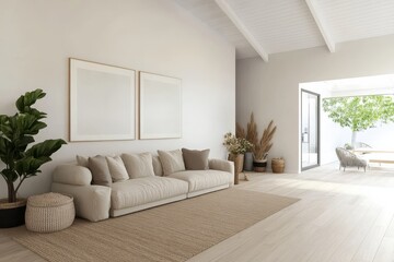 Fototapeta premium Cozy beige couch in a stylish modern living space.