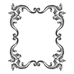 Antique baroque, rococo engraving frame. Hand drawing vintage frame scroll ornament. Ornate border floral retro pattern. Filigree frame, swirl design element. For decoration, print and design.
