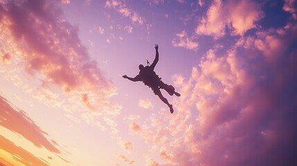 Fototapeta premium Skydiver Soaring Through Pastel Clouds at Sunset, Embodying Adventure and Freedom in a Breathtaking Sky.
