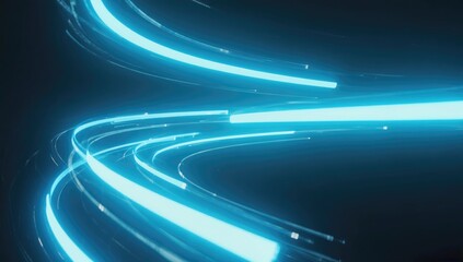 Abstract Blue Neon Light Trails: Dynamic swirling neon light trails in vibrant blue, creating an abstract and futuristic visual. Ideal for technology, energy, and innovation concepts. 