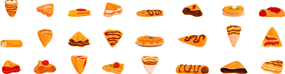 Sweet crepe icons set. Set of delicious crepes and pancakes with various toppings and fillings, showcasing different ways of serving these treats