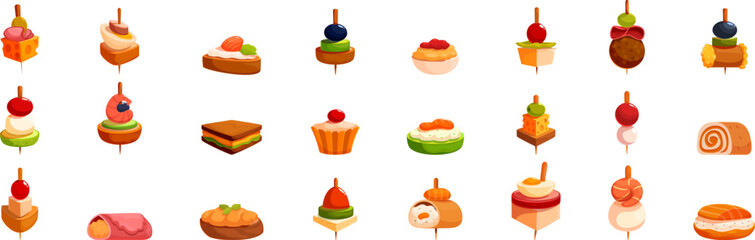 Buffet finger food appetizer icons set. Colorful assortment of canapes showcasing diverse flavors and elegant presentation for parties and gatherings