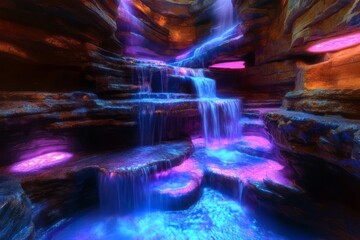 Fototapeta premium Enchanting Neon Waterfall Cascading Through Mystical Rocks