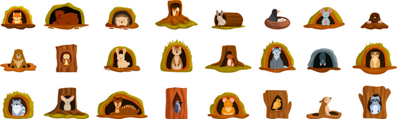 Animal holes icons set. Collection of diverse wild animals taking refuge in burrows, nests, and tree hollows, showcasing their natural habitats