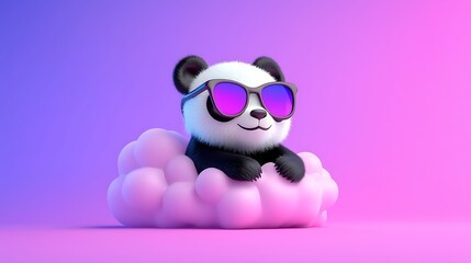 Fototapeta premium Cute panda wearing sunglasses sitting on a pink cloud against a purple background.