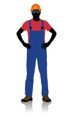 Silhouette of a Construction Worker Wearing Safety Glasses and Standing Confidently with Hands on Hips. Vector Flat Style Illustration Isolated On White
