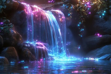 Enchanting Neon Waterfall Cascading Over Rocks