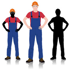 Construction Worker with Silhouette Variations in Protective Gear and Safety Glasses with Hands on Hips. Vector Flat Style Illustration Set Isolated On White