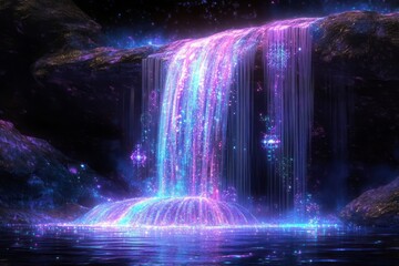 Magical Waterfall Glowing Underneath a Night Sky