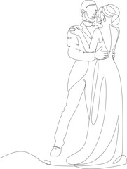 Single one line drawing of happy cute married men and women dancing in party park. Romantic young wedding couple. Vector illustration,