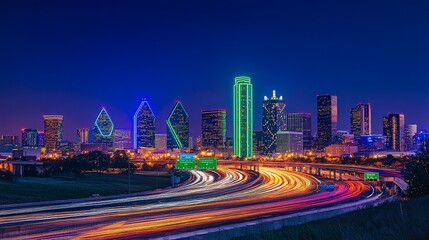 Fototapeta premium Vibrant City Skyline with Dynamic Highway Lights at Night