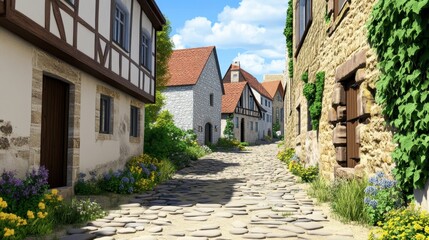 Fototapeta premium Charming cobblestone street in a picturesque village with flowers
