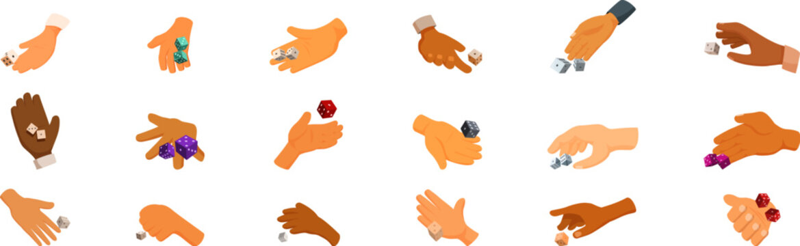 Hand rolls dice icons set. Different hands rolling and throwing or holding colorful dice, ready for playing board games or gambling