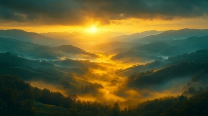 Obraz premium Ecommerce shopping basket at sunrise over serene hills nature landscape tranquil environment aerial view